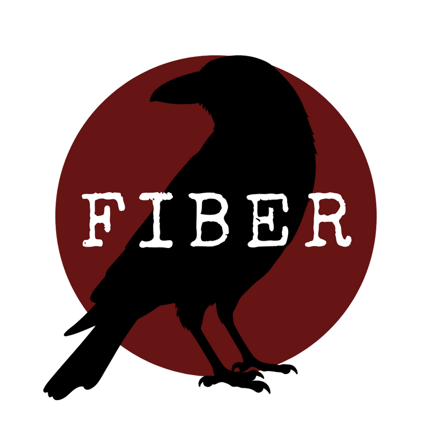 A black raven silhouette over a dark red circular background with the word 'FIBER' in white distressed lettering.