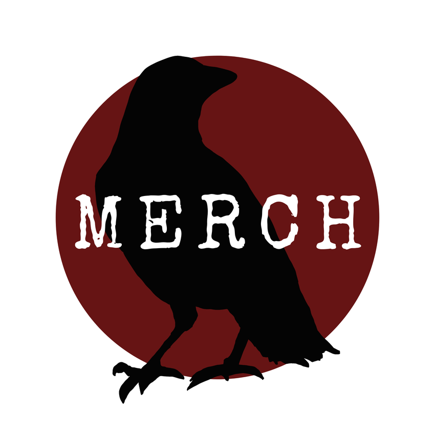 A graphic logo featuring a black raven silhouette over a dark red circular background with the word 'MERCH' in white distressed lettering, centered on a white background.