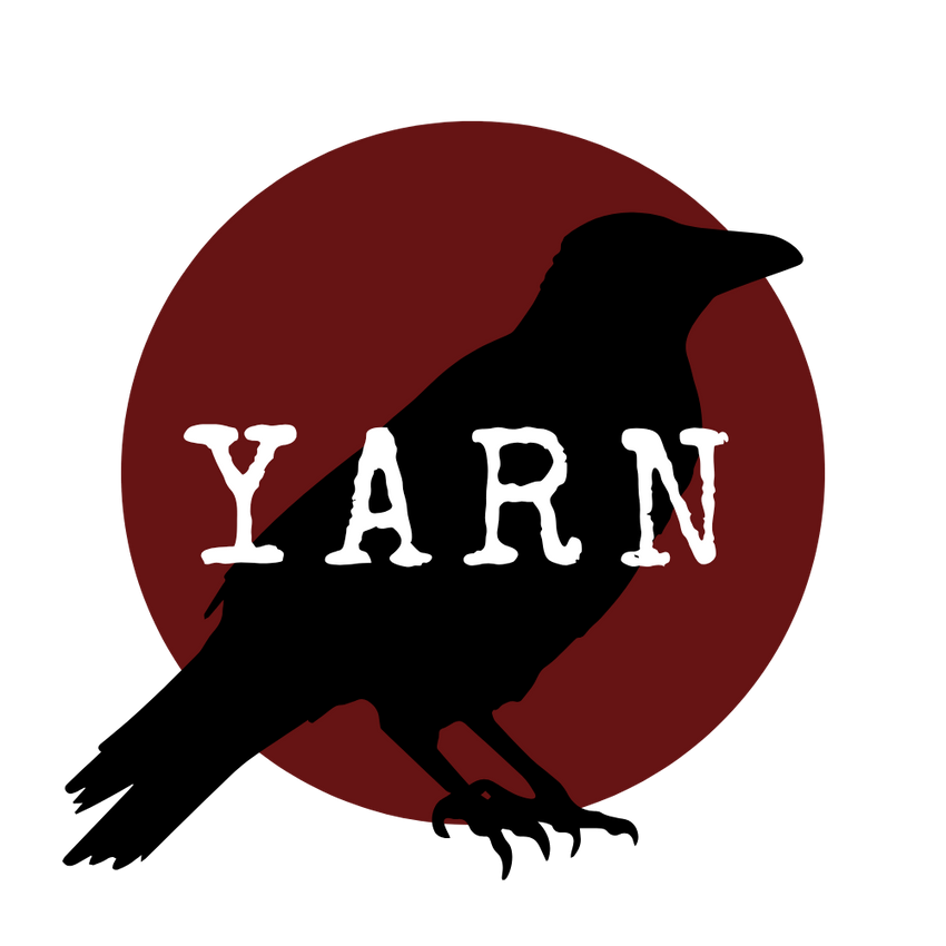 A circular logo featuring a black raven silhouette over a dark red circle with the word 'YARN' in white distressed lettering on a black background.